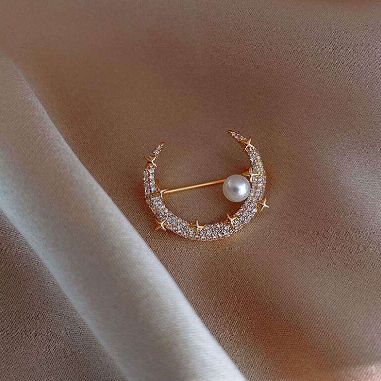 Bros Bentuk Bulan Aksen Mutiara Gaya Korea pearl brooch peniti bross tuspin