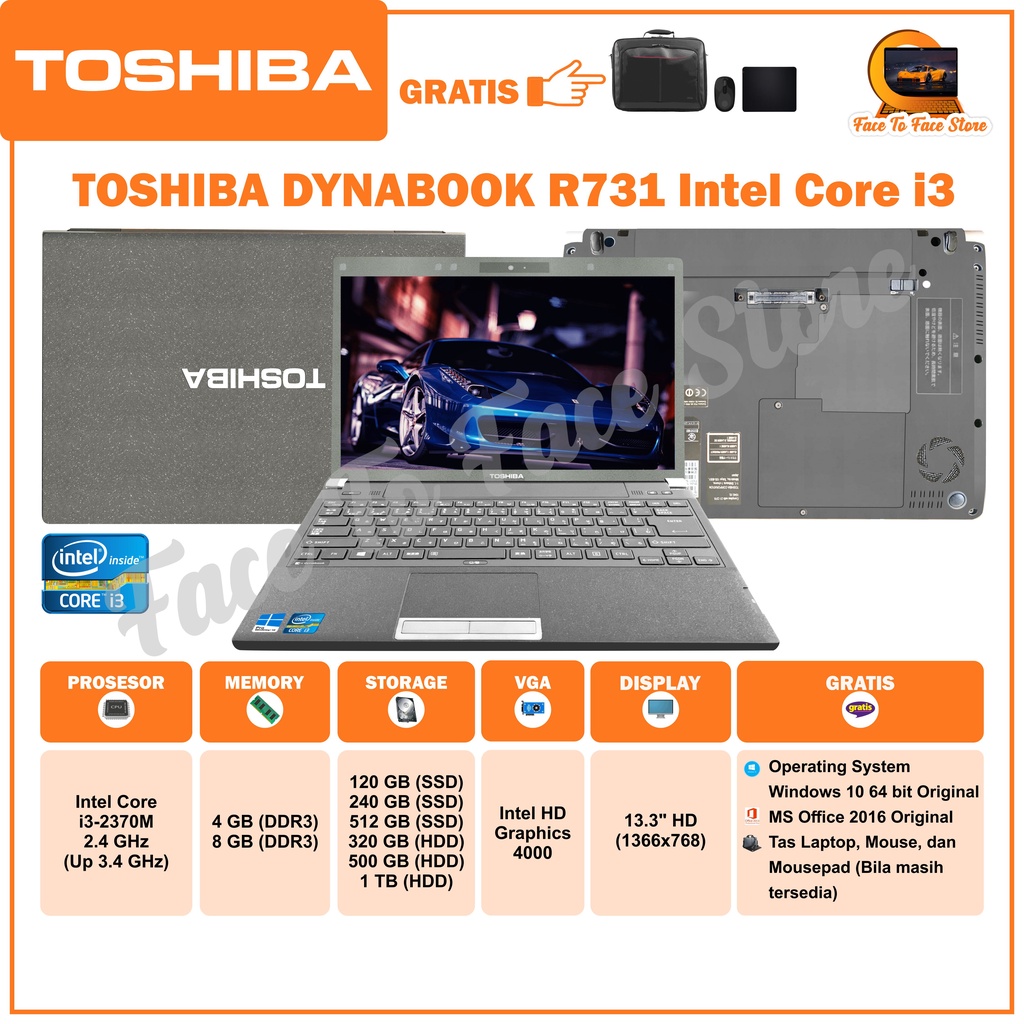 Laptop Terlaris.Toshiba Dynabook R731.Intel Core i3 Generation2.Ram 4GB/8GB.HDD 320GB/500GB/1TB  SSD