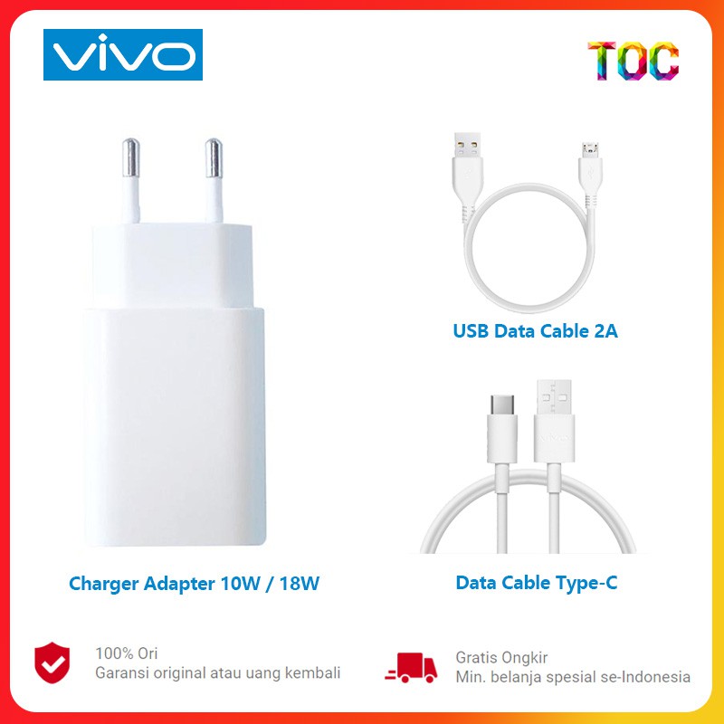 vivo Original Charger Adapter 33W / 44W Vivo Cable Charger Original 100% Micro USB to USB Data Cable Type C 2A Sesuai Adapter 10W/18W