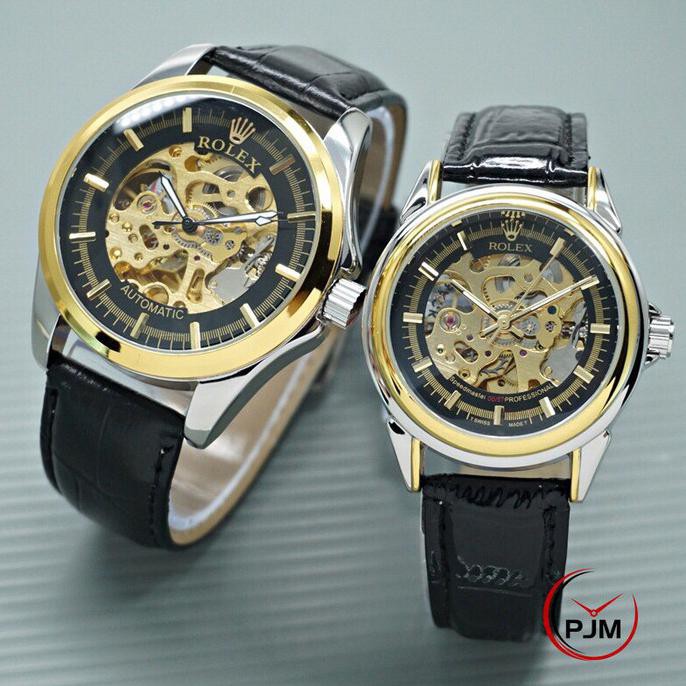 JAM TANGAN COUPLE ROLEX KULIT SKELETON ROLEX OTOMATIS - KOMBINASI HITAM