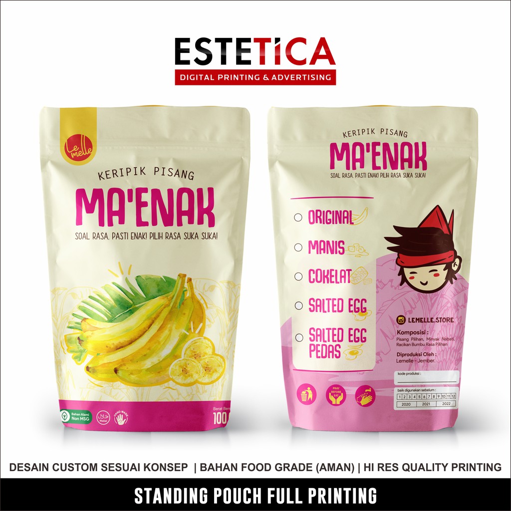 Cetak standing  pouch  full printing  keripik pisang desain 