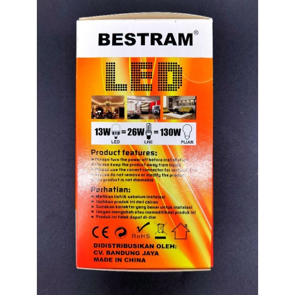 Lampu Led 13w Bestram Supermax, warna bolam putih 6500K, garansi 1 tahun