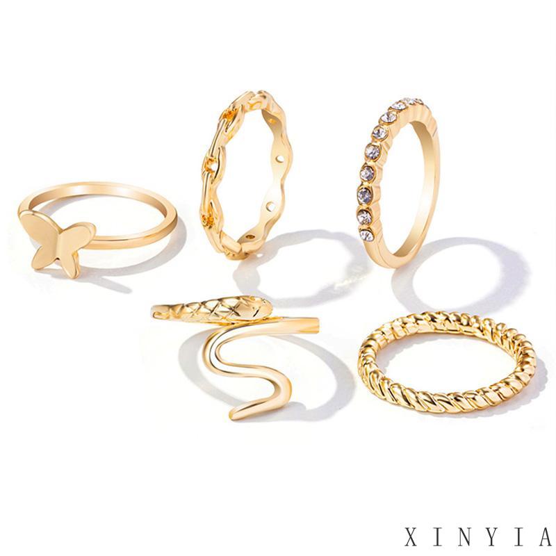 【Bayar di tempat】CIncin Fashion Wanita 5in1 Butterfly / Cincin KUpu kupu 5 pcs / Cincin TUmpuk Wanita Fashionable