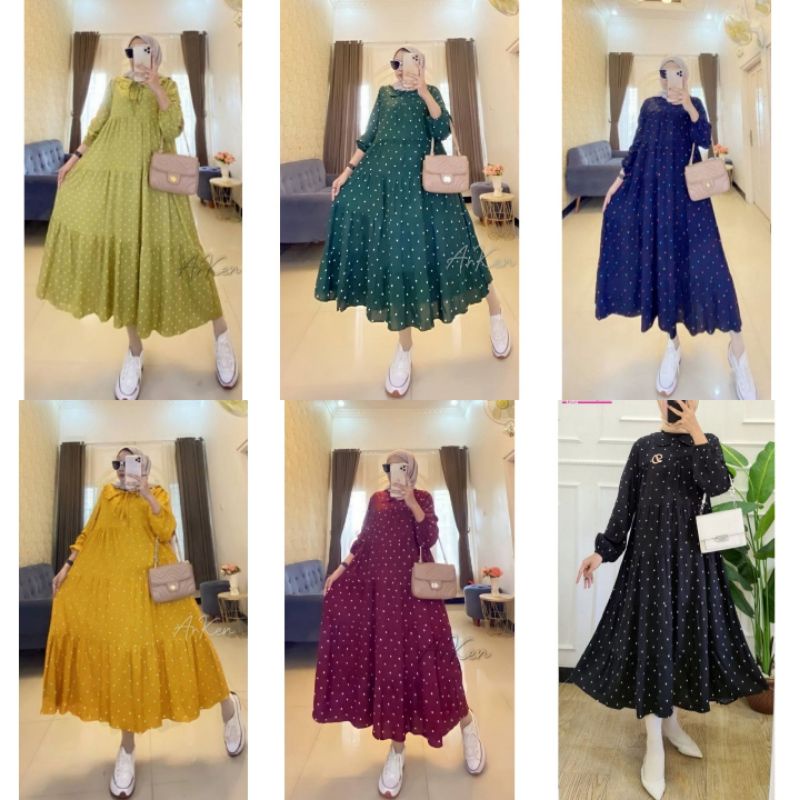 DRESS KANIA// GAMIS RAMPEL MOTIF POLKADOT/ MIDI DRESS POLKA KEKINIAN TERBARU// GAMIS LEBARAN// CHIKI MIDI DRESS POLKADOT JUMBO BUSUI