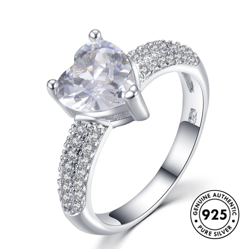 Cincin Sterling Silver 925 Bentuk Hati Aksen Berlian Untuk Wanita