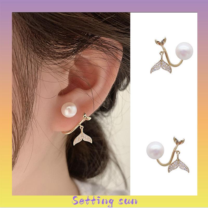 Pearl Fishtail Back Hanging Earrings Wanita High-end Cahaya Mewah Penuh Berlian Anting Geometris TN