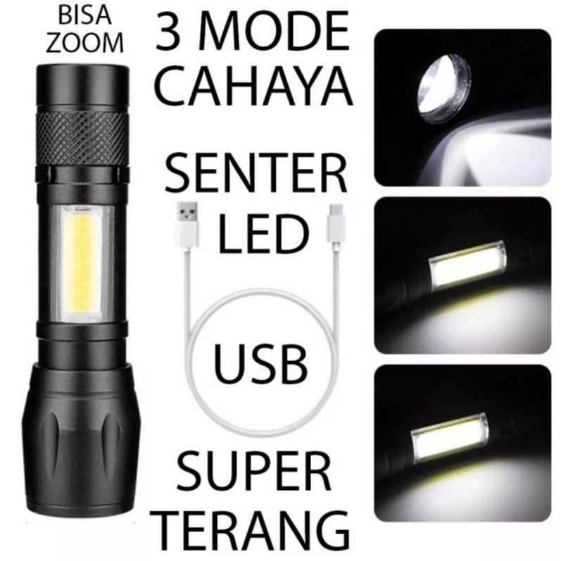 Senter LED COB Zoom Mini 3Mode Charger / Senter swatt Mini Cas Super Terang