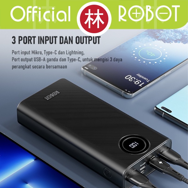 Robot RT23 20000mAh Powerbank 22.5W LED 3 Port Quick Charge PD QC3.0