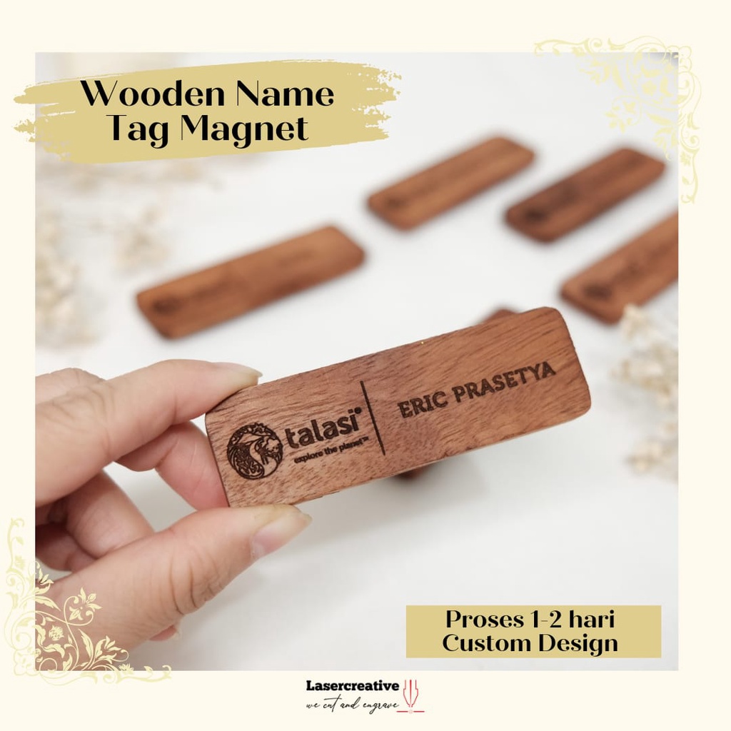 Custom Name Tag Kayu Wooden Magnet Tempel Dada