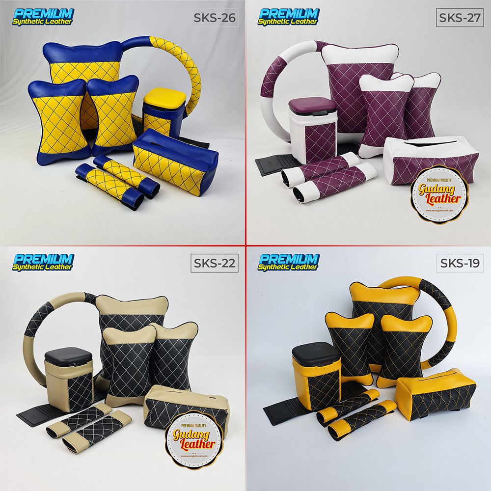 Set Bantal Mobil 5 in 1 plus Sarung Stir Mobil / Bantal Headrest Mobil
