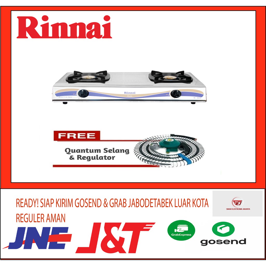 PROMO Kompor Gas Rinnai RI 522E + Selang Gas 1.8 meter + Regulator Meter merk QUANTUM 142 . SNI