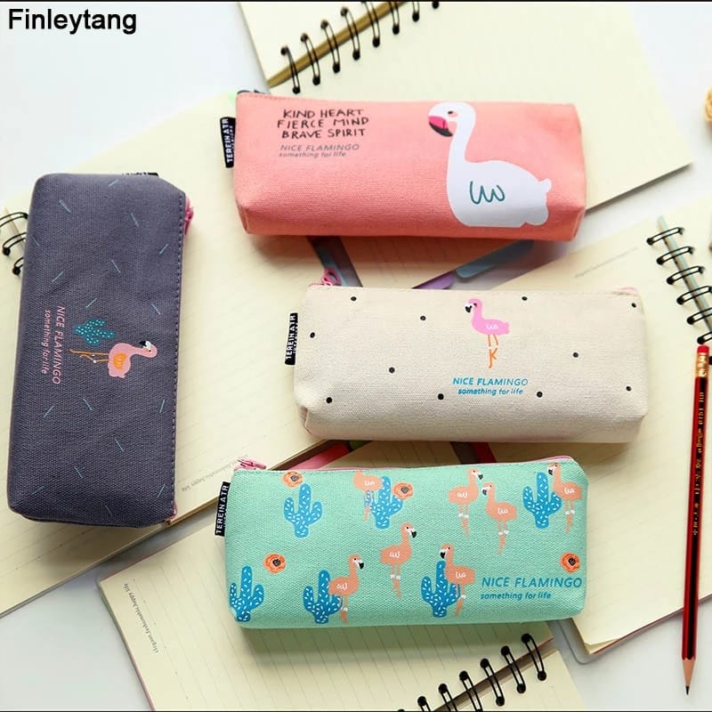 Kotak Pensil Bahan Kanvas Flamingo Import Quality / Tempat Penyimpanan Alat Tulis Gaya Korea Live