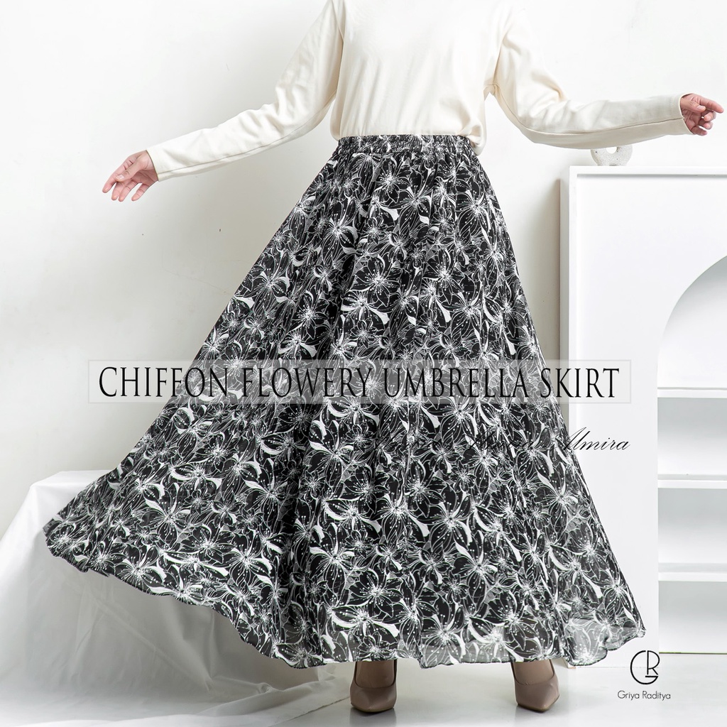 Rok Panjang Wanita Payung Muslimah  Sifon Flowery Chiffon Umbrella Skirt Bunga Griyaraditya Almira