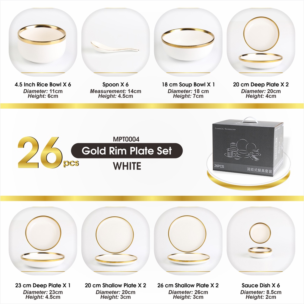 Set 9 &amp; 26 PCS Piring Mangkok Makan Putih Keramik Pinggiran Emas Cantik Ceramic Mewah Western Steak Gold Rim Plate