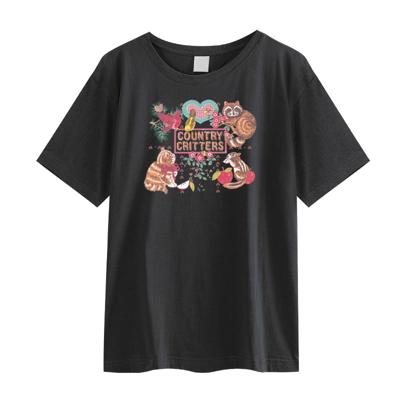 Printed T-shirt/2 warna sablon busana korea atasan kaos lengan pendek longgar untuk wanita/atasan wanita warna putih/