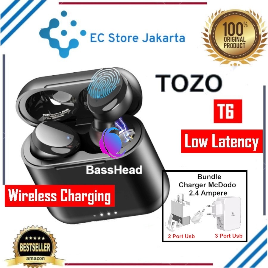 TOZO T6 True Wireless Earbuds Bluetooth Headphones Touch Control with Wireless Charging Case IPX8