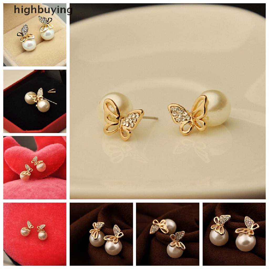 Hbid Anting Tusuk Model Kupu-Kupu Warna Emas Dengan Kristal + Mutiara Untuk Wanita