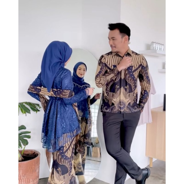 Batik Couple Aldia Kebaya Modern - Set Kebaya Couple Tunik Brokat Tulle Mutiara Premium - Set Kebaya Lamaran Tunangan - Set Baju Seserahan - Kebaya Bridesmaid Aldia