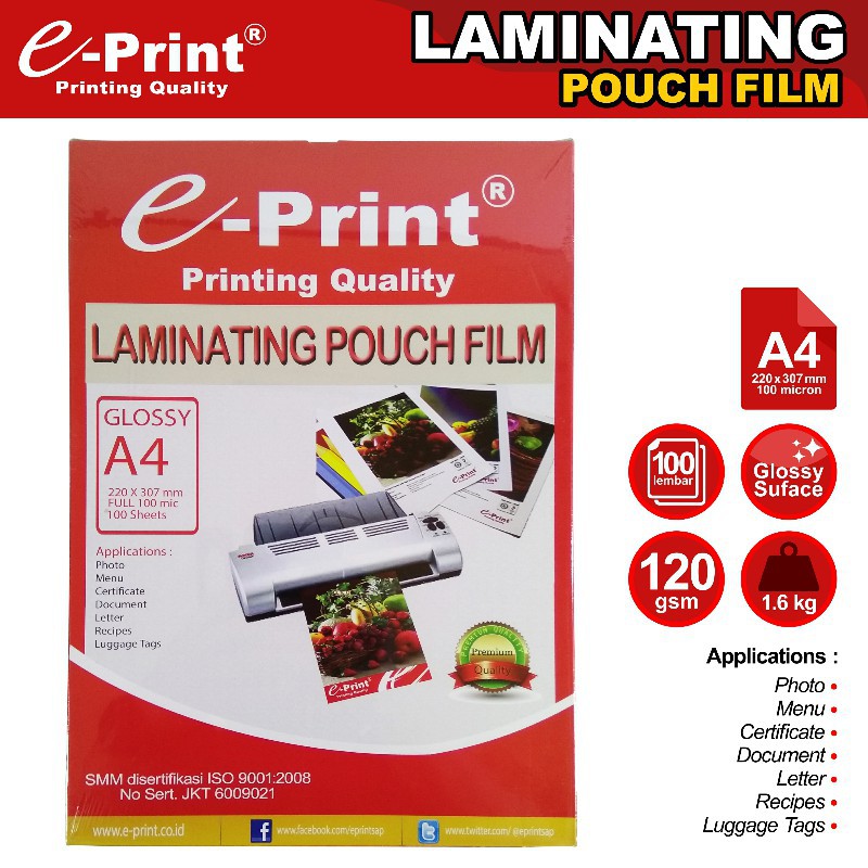 

[PAK] E-PRINT LAMINATING POUCH FILM GLOSSY A4 100 SHEETS*