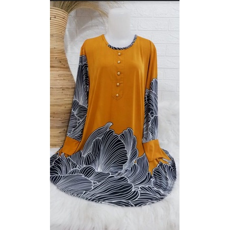 Baju tunik ibu jumbo murah cantik bahan Korea import motif daun / Bisa Cod