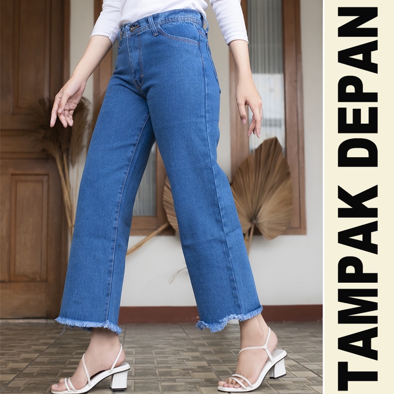 AFAREEN - Highwaist Kulot Jeans Rawis Wanita Boyfrind Jeans Blue Snow Hitam Rumbai Celana Jeans Basic