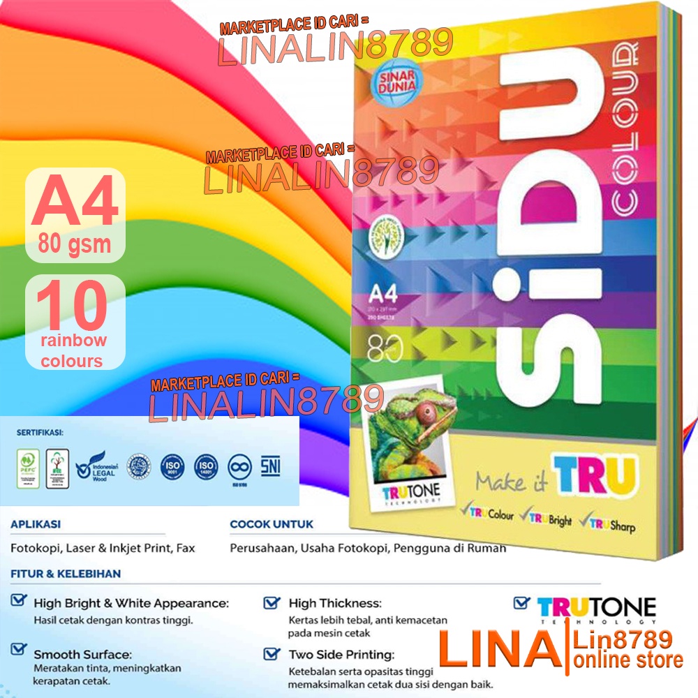 

SIDU KERTAS HVS WARNA A4 80 GRAM/ KERTAS WARNA SIDU 10 RAINBOW COLOUR