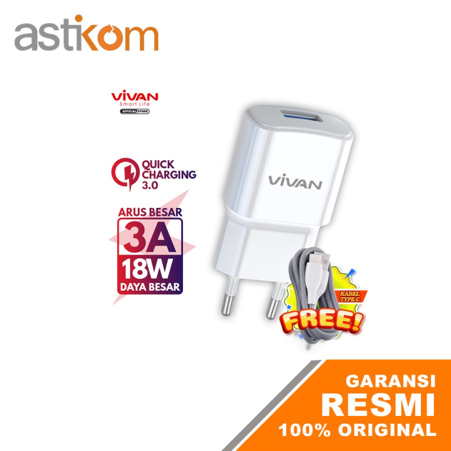 Batok Kepala Charger HP Vivan Power Oval 3.0 II Free Kabel Type C