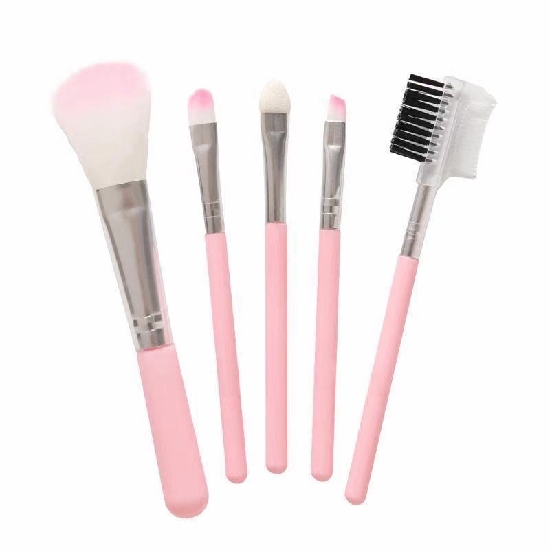 [5 Pcs Mini Pink Professional Makeup Brushes Set For Applying Foundation, Powder, Concealers, Eyeliner, Eyebrow, Eye Shadows][Daily Basic Cosmetic Tool]