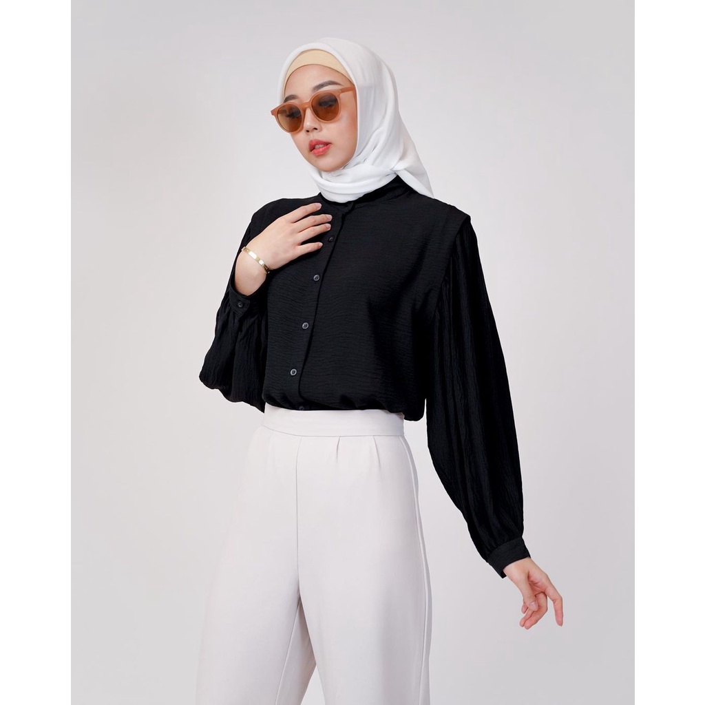 AzaleaTop Blouse Kemeja Atasan Wanita polos pull kancing depan Lengan Balon Oversize Terbaru  Pakaian Wanita Muslim Murah beraneka Warna