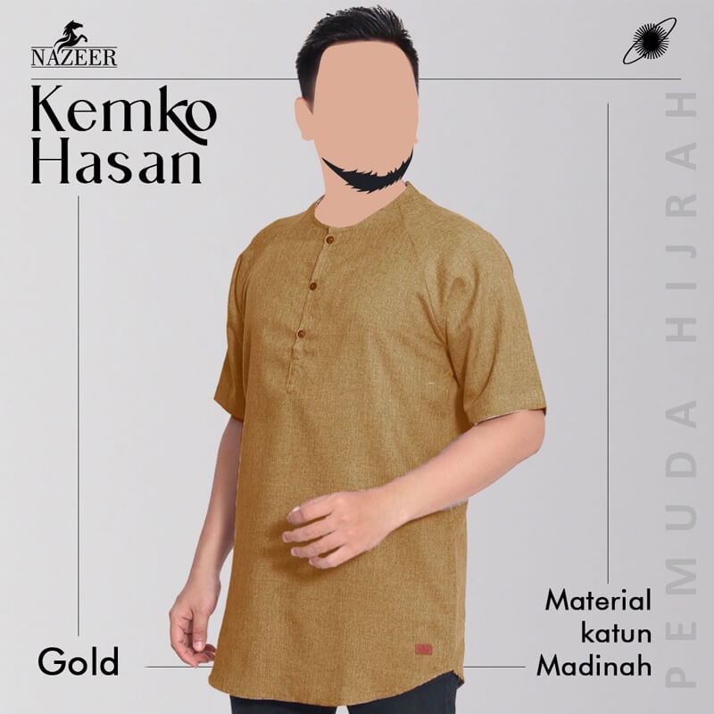 Kemko Kemeja Koko Pria Hasan Nazeer Lengan Pendek Gold Nyaman Dipakai