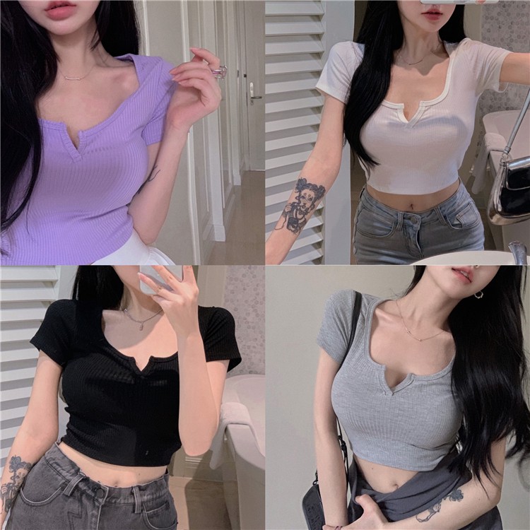 Baru Seksi Off Bahu Tipis Pendek-Lengan untuk Wanita Retro Square Collar Slim FitTT-shirt Bottoming