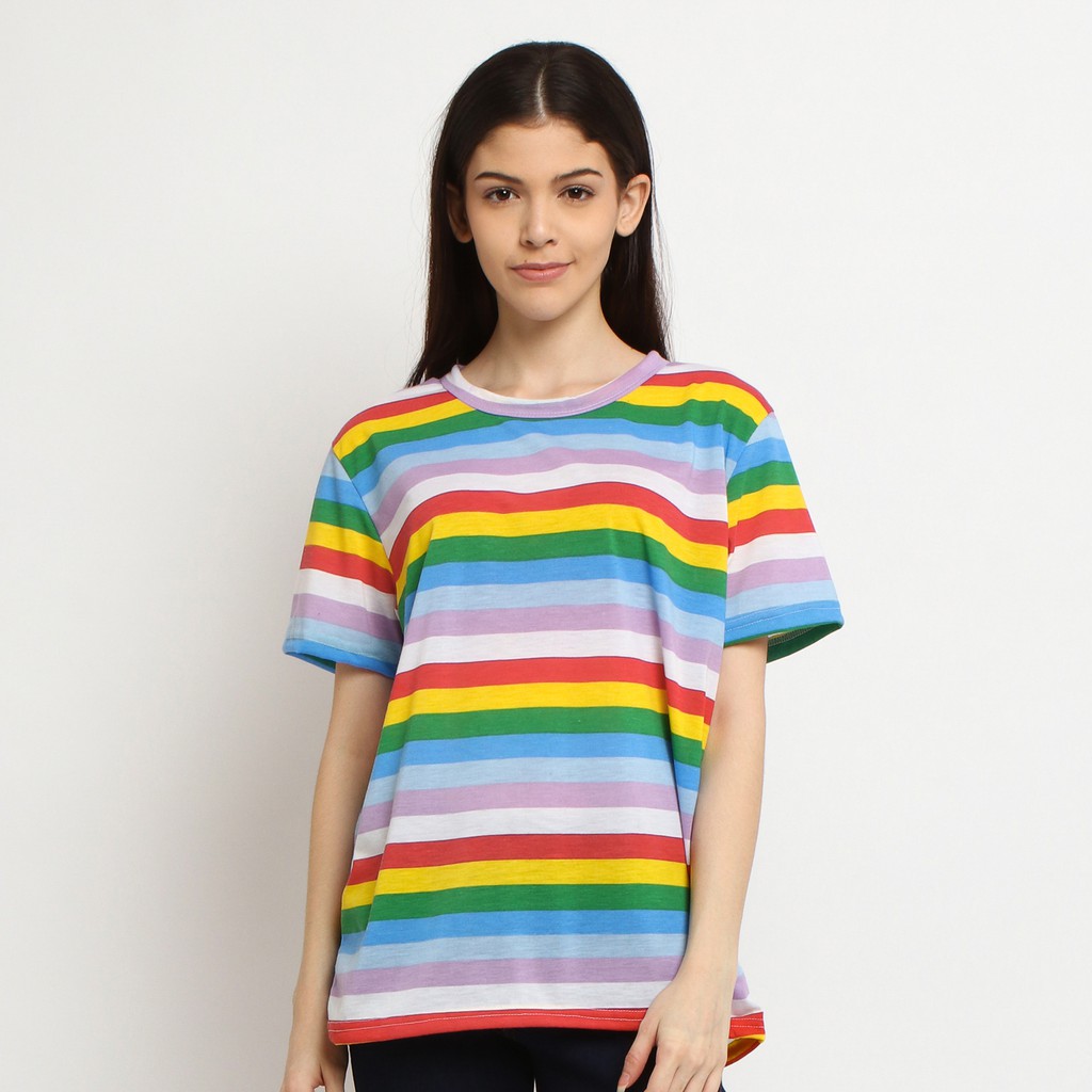 KAOS T-SHIRT ONECK MOTIF GARIS PELANGI SWEET CANDY RAINBOW - YELONIX