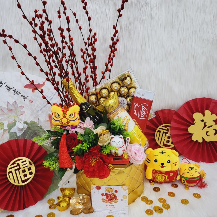 Paket wine box hampers dekorasi pussy willow imlek parcel kue kering 3 - Wine...