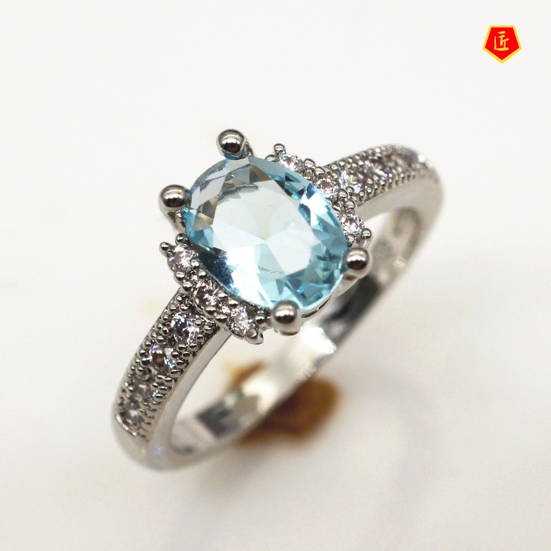 [Ready Stock]Micro-Inlaid Blue Gemstone Ring Simple Fashion