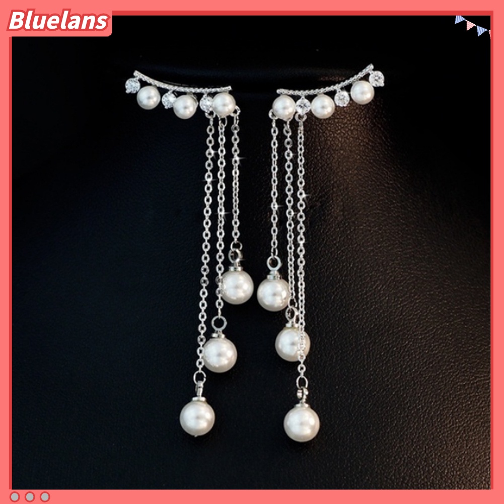 Bluelans Anting Tusuk Gantung Wanita Desain Rumbai Rantai Hias Mutiara Imitasi Untuk Hadiah