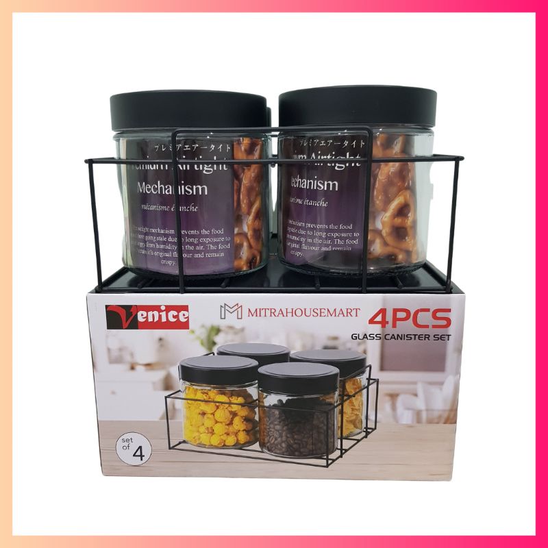 Venice Glass Canister Set 4pcs Toples Kaca Set Kue Kering dengan Tatakan Besi Design Minimalis
