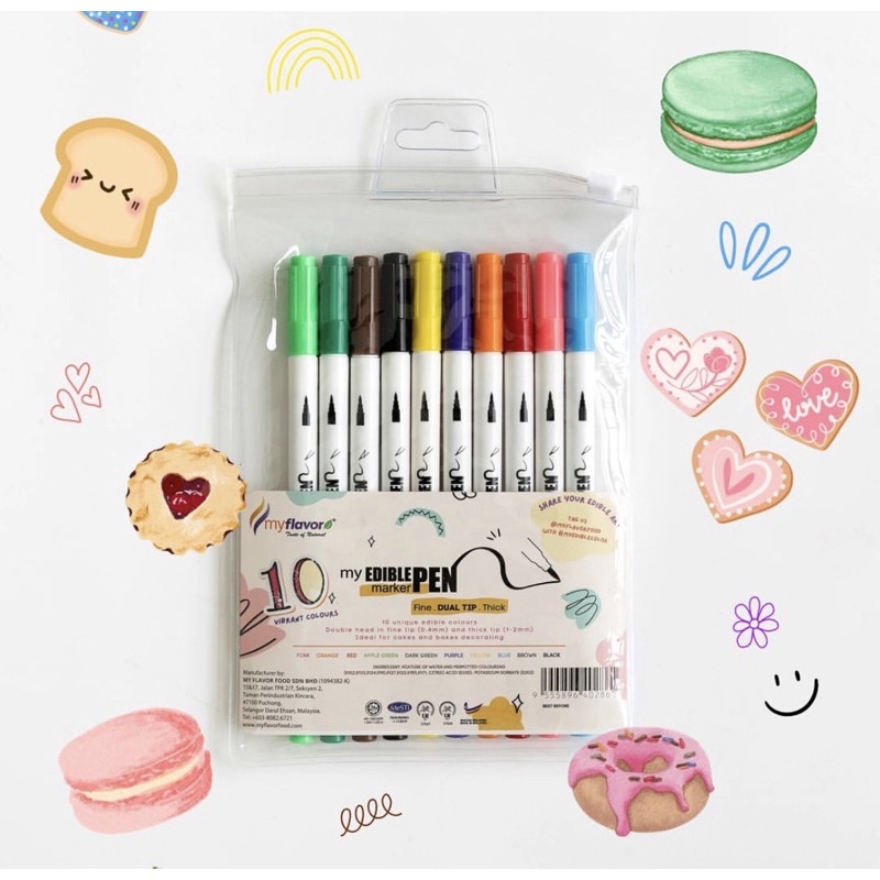 

MYFLAVOR dual tip edible marker pen set/ bolpen edible halal