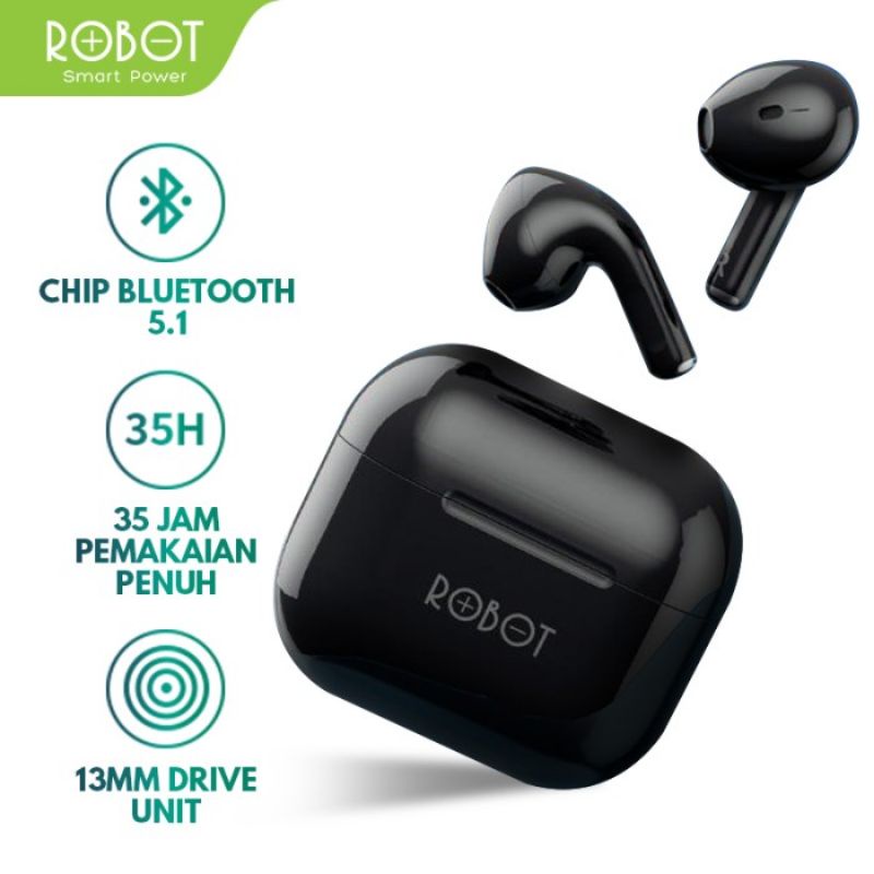 Robot Airbuds T50 Headset Bluetooth 5.1 Wireless Earphone Earbuds IPX4 TWS-Hitam