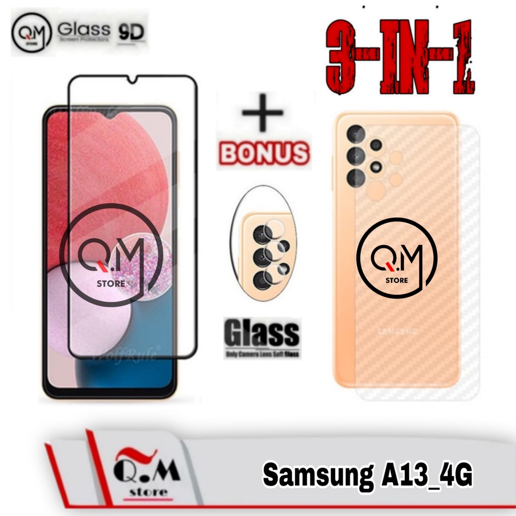 Paket 3 IN1 Tempered Glass Samsung A13 4G Anti Gores Pelindung Layar Full 9D Screen Guard