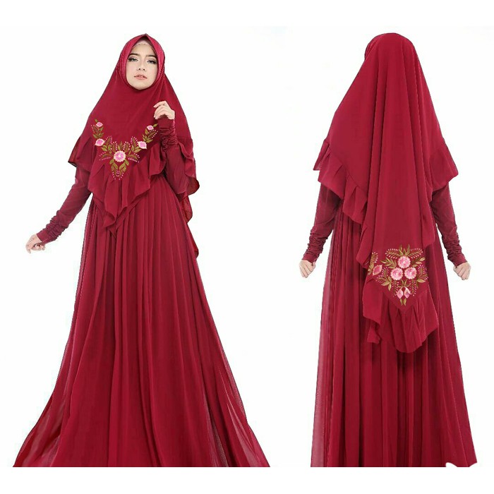Premium-Busana Muslim-Gamis terbaru maxi lian bergo bordir warna marun peach dan mint