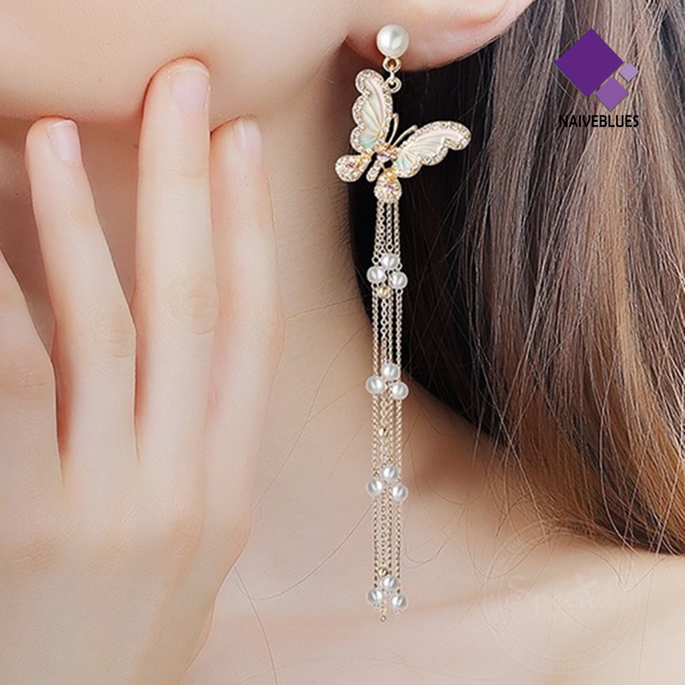 Anting Stud Desain Kupu-Kupu Rumbai Aksen Mutiara Berlian Imitasi Bling Untuk Wanita