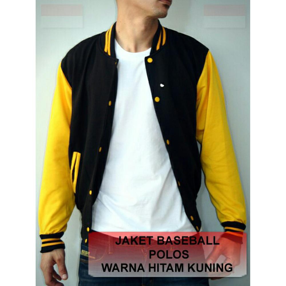 PROMO JAKET VARSITY POLOS HITAM LENGAN KUNING   JAKET BASEBALL VARSITY POLOS COWOK CEWEK