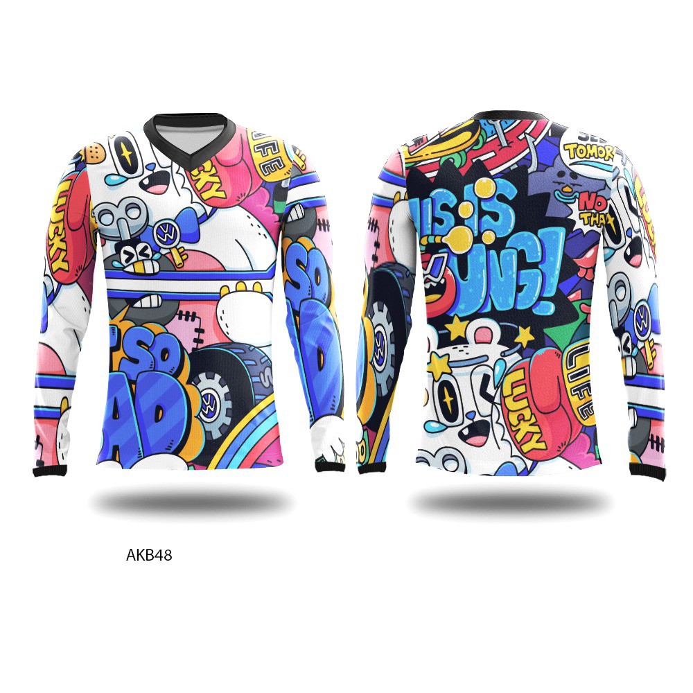 Kaos Baju Jersey Olahraga Sepeda Couple Motif Doodle Unisex dan Model Tunik Lengan Panjang Dry Fit Full Print AKB48