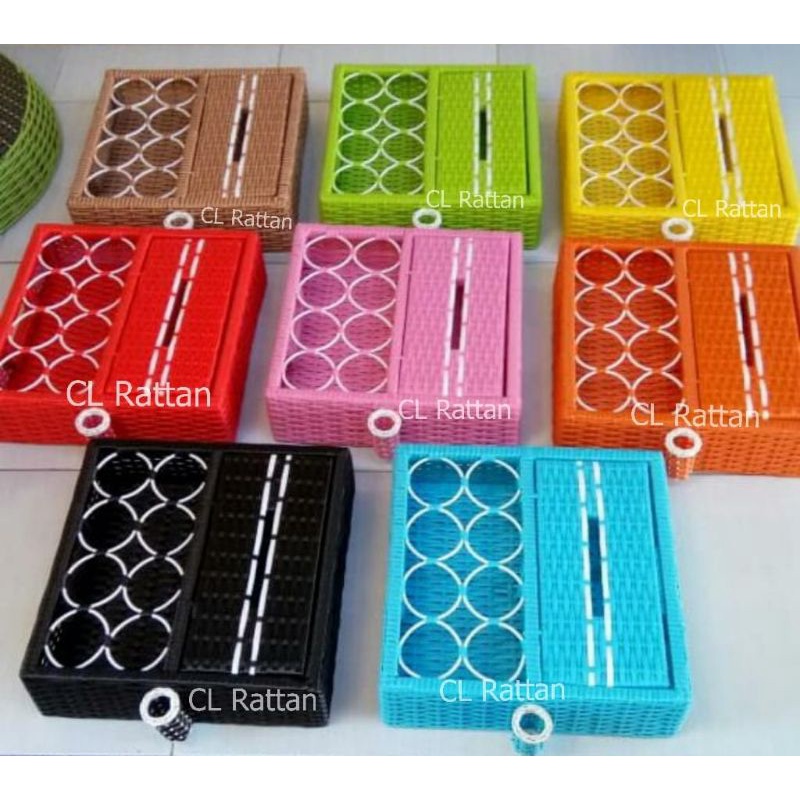 Rak aqua tisue 2in1, tempat air minum gelasan rotan sintetis