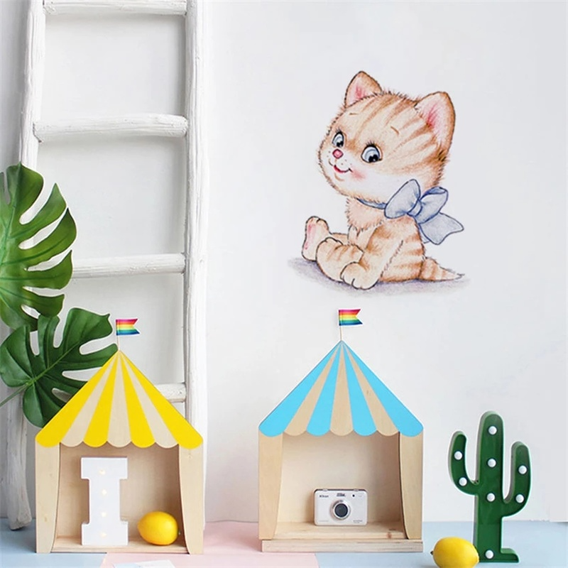 Stiker Dinding Bahan Pvc Motif Kartun Hewan Kucing Untuk Dekorasi Kamar Anak