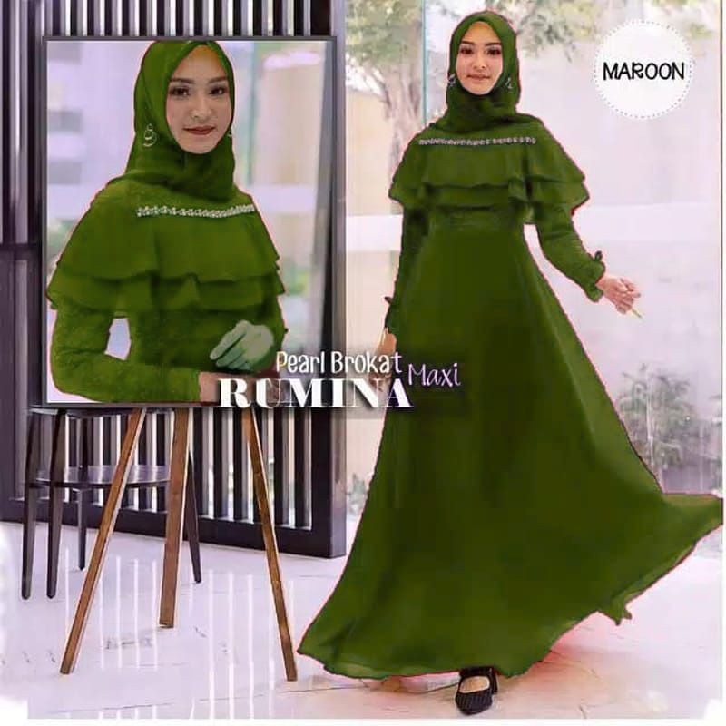 BAJU GAMIS WANITA SYARI TERBARU LEBARAN 2021 DRESS BAJU GAMIS MEWAH RUMINA BRUKAT MOSCREPE PREMIUM