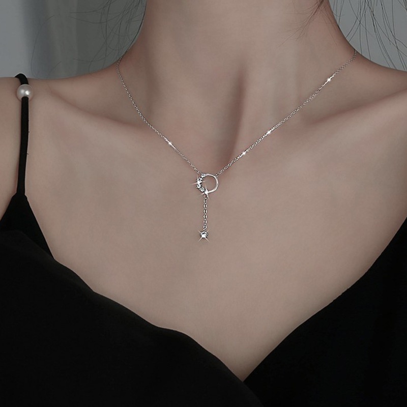 Perhiasan Fashion Wanita Kalung Baja Titanium Perak Rantai Klavikula Liontin Rumbai Zirkon Bunga