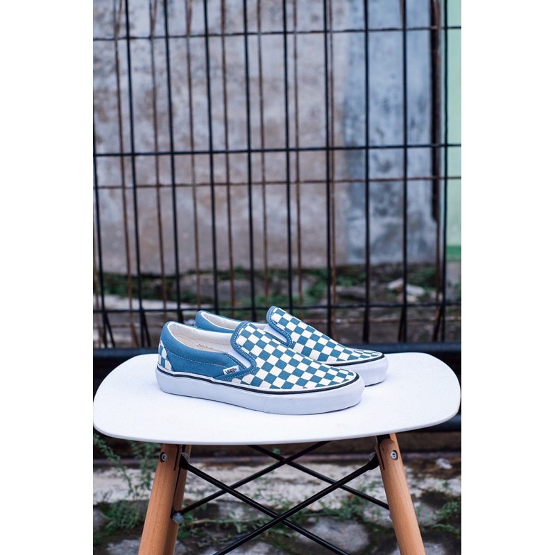 vans slipon checkerboard blue mirage