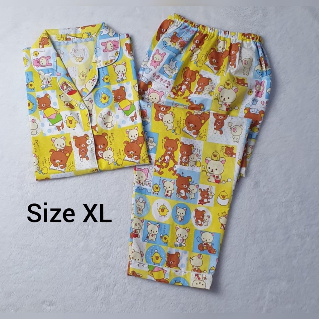 Baju Tidur Dewasa Gambar Lucu LD 104cm / Piyama Katun Lengan Pendek Celana Panjang CP-CP LAZY BEAR BIRU XL