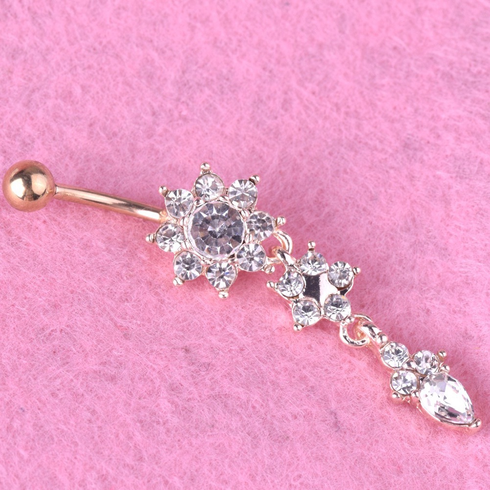 [Jianxin] Lady Rhinestone Flower Stainless Steel Belly Button Navel Ring Piercing Jewelry
